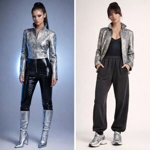 Vtg 2000s Chico's Metallic Floral Zip Jacket 1 M Gold Silver Gray Y2K Brocade